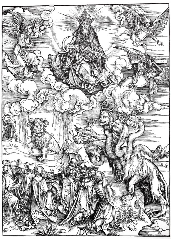 Picture cycle The Apocalypse, the Sea Monster and the Beast with the Horn of the Lamb, woodcut by Albrecht Dürer, historical, digital improved reproduction of an old woodcut