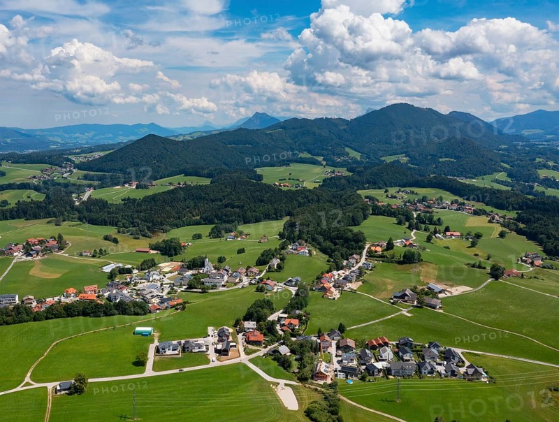 Drone image, village of Koppl, Osterhorngruppe, Flachgau, province of Salzburg, Austria, Europe
