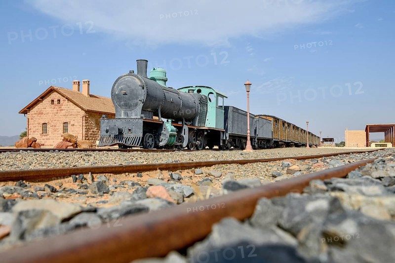 Historic train of the Hejaz Railway in the renovated station of Hegra, Madaa in Salih, AlUla region, Medina province, Saudi Arabia, Arabian Peninsula, Asia