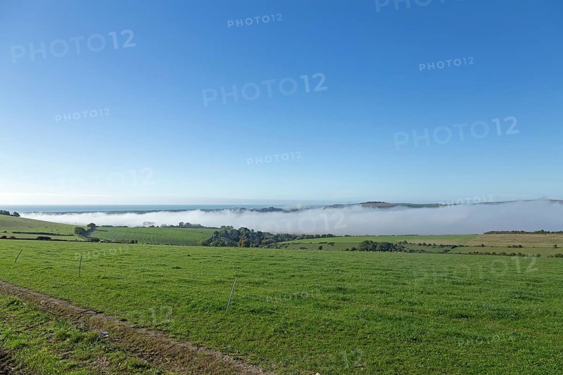 High fog over valley of River Adur, Shoreham by Sea, South Downs, West Sussex, England, United Kingdom, Europe