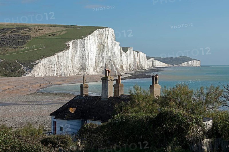 Cuckmere Haven, The Seven Sisters chalk cliffs, House, South Downs, England, United Kingdom, Europe