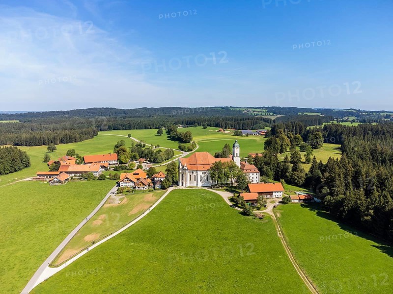 Aerial view of the pilgrimage church, Wieskirche, Steingaden, Romantic Road, Pfaffenwinkel, Upper Bavaria, Bavaria, Germany, Europe