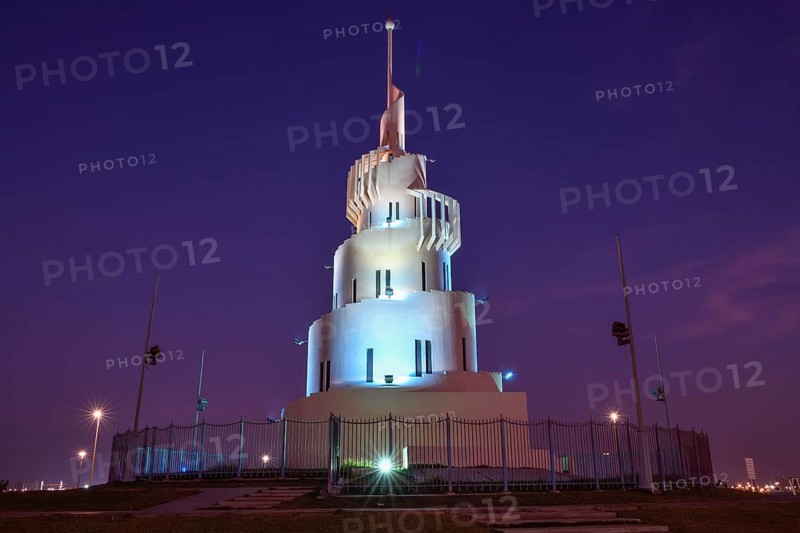 Lighthouse, blue hour, spiral, Marjan Island, Dammam, ash-Sharqiyya Province, Persian Gulf, Saudi Arabia, Asia