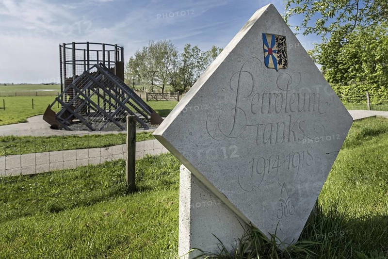 Albertina memorial in front of reconstruction of the Petrol Tanks close to the Dodengang, Boyau de la Mort, Trench of Death, First World War One trenches along the river Yser, Diksmuide, Belgium, Europe