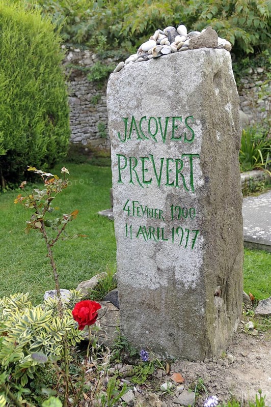 Churchyard with the grave of the French writer, poet and screenwriter Jacques Prévert at Omonville-la-Petite, Normandy, France, Europe