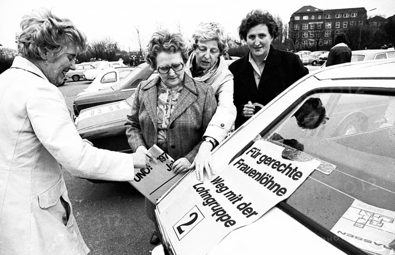 The IG Metall union used a motorcade to promote its demands for higher wages, co-determination, equal rights for woman and reforms on 13 February 1975 in Dortmund, Germany, Europe