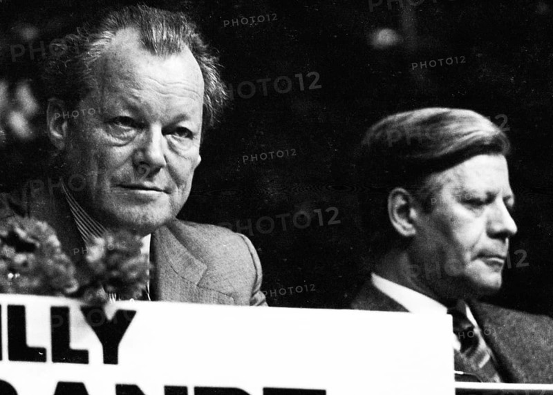 An election rally of the Social Democratic Party of Germany (SPD) on 23.4.1975 in the Westfalenhalle in Dortmund..Wiully Brandt, Helmut Schmidt of l, Germany, Europe