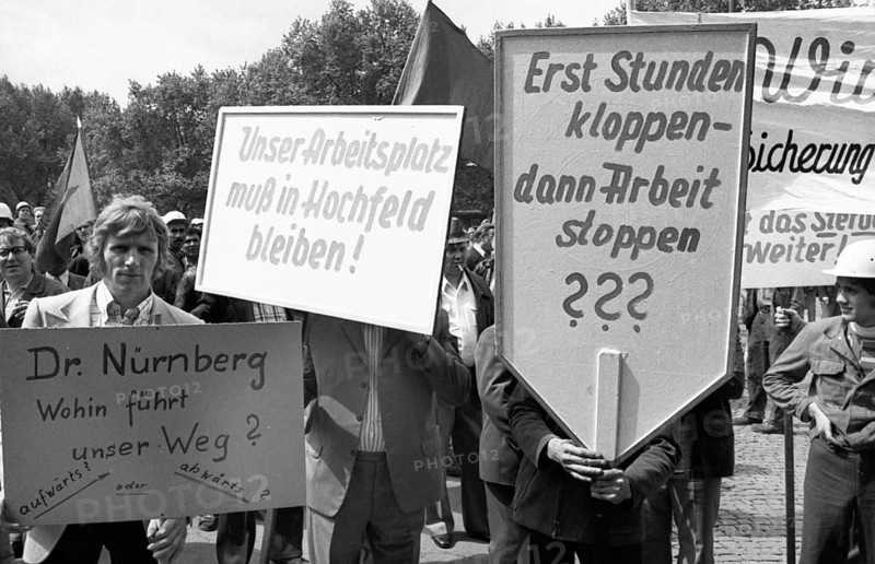 Steelworkers at the Thyssen works in Duisburg took to the streets out of concern for their jobs on 22.05.1975 in Duisburg, Germany, Europe
