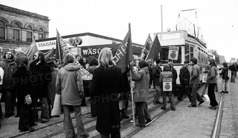 Demonstrations from 1-5 April 1975 in the centre of Hanover, which became traditional under the heading Red Dot, opposed fare increases for trains and buses, Germany, Europe
