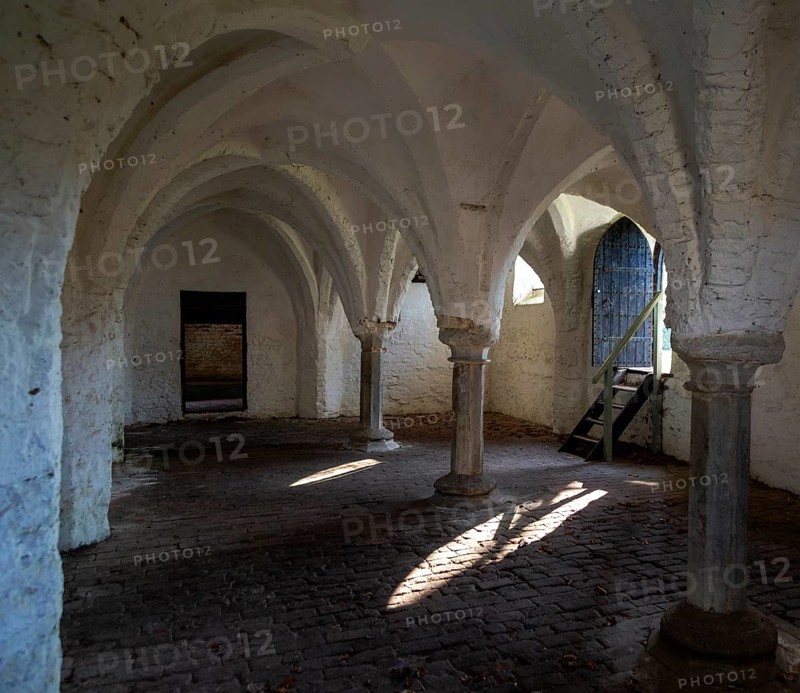 Fine brick arched vaulting of 14th century refectory undercroft, St Olaves priory, Norfolk, England, UK
