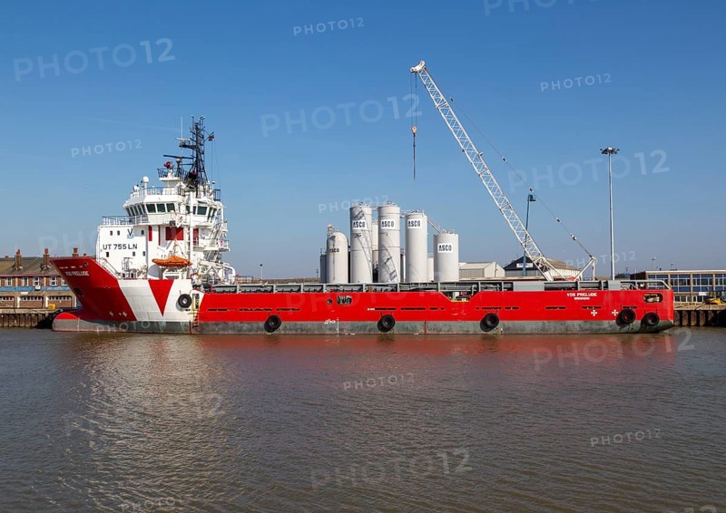 Vos Prelude offshore supply ship, River Yare quayside, Great Yarmouth, Norfolk, England, UK