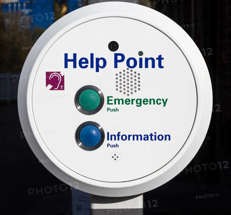 Close up of Help Point information and emergency service at railway station, Melton, Suffolk, England, UK