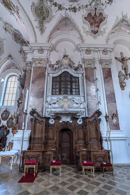 Patronage box in the baroque church of St. Andrew, Nesselwang, Bavaria, Germany, Europe