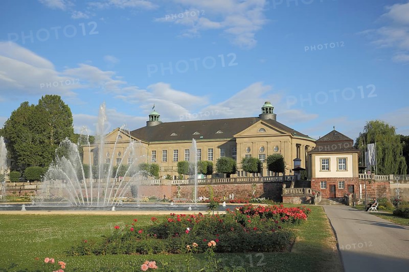 Rose Park with water fountain and UNESCO Regentenbau in Bad Kissingen, Rhön, Lower Franconia, Franconia, Bavaria, Germany, Europe