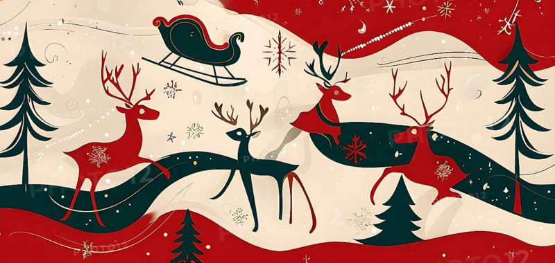 Whimsical abstract scene with stylized reindeer and sleighs to capture the magic of Christmas, AI generated