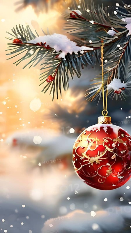 Abstract illustration of a set of ornate Christmas ornaments hanging on a snow-covered pine tree branch, AI generated