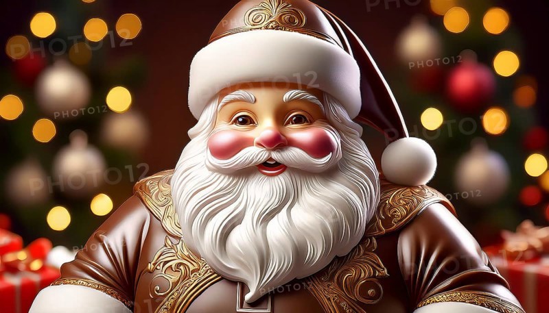 Cheerful chocolate Father Christmas in front of a Christmas background, AI-generated image, AI generated