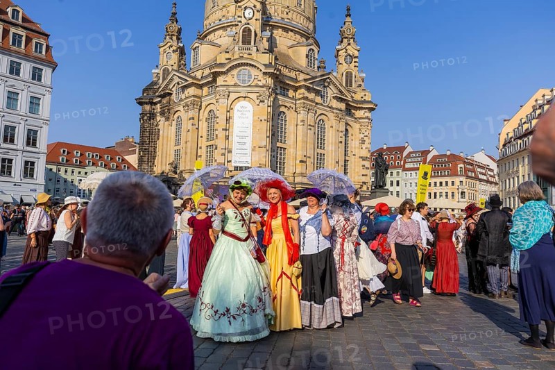 Dresden celebrated the 250th birthday of Caspar David Friedrich with a birthday party and a big city bet between Greifswald and Dresden, The Romantic's Duell. In Dresden 2033 people appeared in disguise and in Greifswald 2241, so Greifswald won the bet, city bet on the Neumarkt, Düll der Romantiker, Dresden, Saxony, Germany, Europe