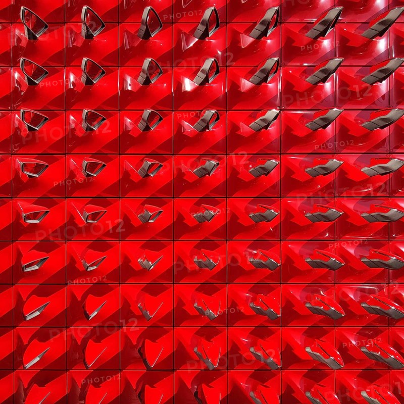 Structure of red rear-view mirrors, entrance area of the Seat Pavilion, Autostadt, Volkswagen AG, Wolfsburg, Lower Saxony, Germany, Europe