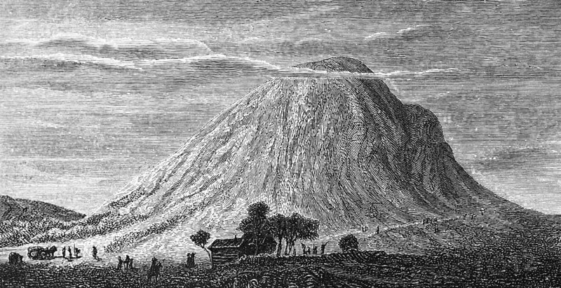 Puy de Dôme volcano in the Massif Central of the Auvergne, wooden hut, horse-drawn carriage, people, clouds, geography, France, historical illustration 1888, Europe
