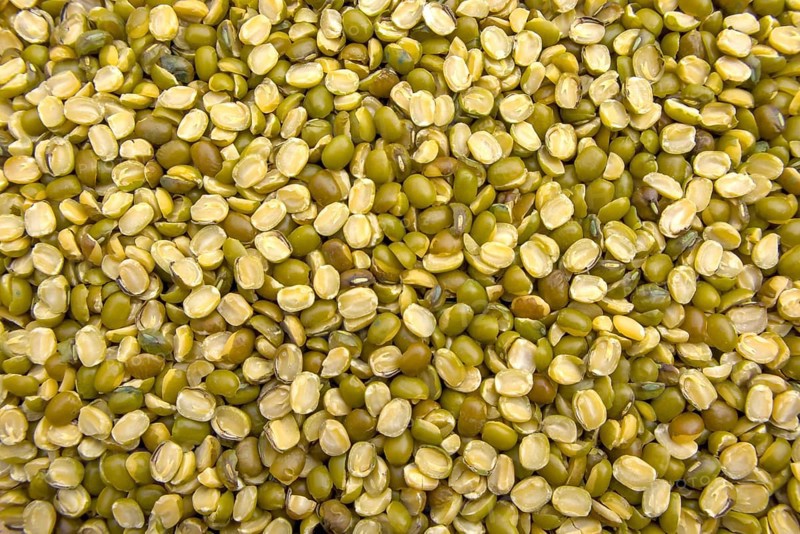 Split Mung Beans, Green Grams in a Bowl, Vegan Food, Close-Up Top View Full Frame