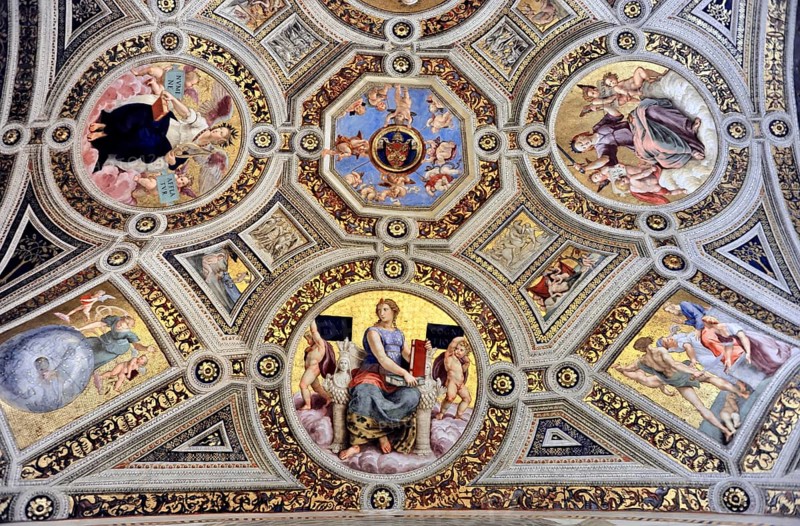 Vatican Museums, Vatican City, Vatican, Rome, Lazio, Italy, Geometric frescoes on a ceiling with richly decorated patterns and figures, Rome, Lazio, Italy, Europe