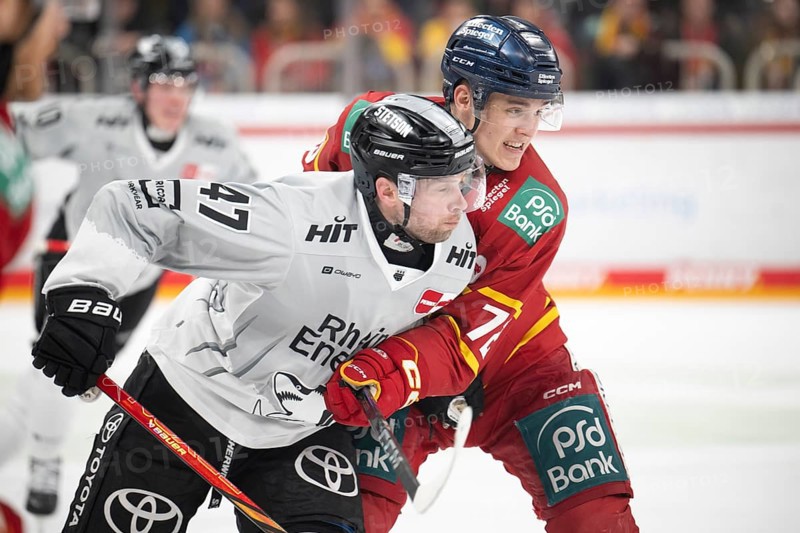 PSD Bank Dome, Düsseldorf, North Rhine-Westphalia, Veli-Matti Vittasmaeki (Koelner Haie, #47), Bennet Rossmy (Düsseldorfer EG, #72), PENNY DEL, Düsseldorfer EG- Kölner Haie on 24.01.2025 at PSD Bank Dome in Düsseldorf Germany