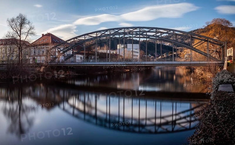 Bridge over the river Mur, Waasenbrücke, long exposure, panoramic shot, Leoben, Styria, Austria, Europe