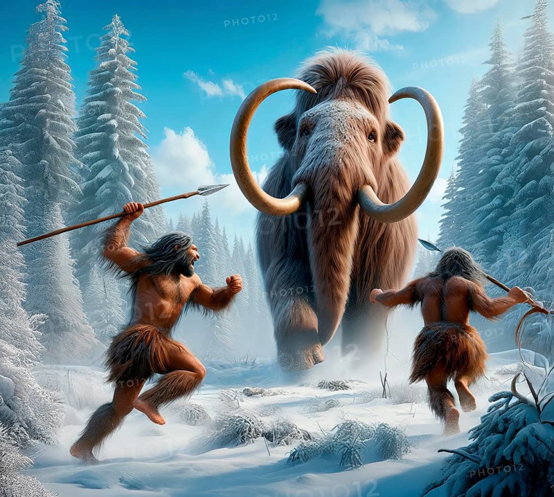 Two ice age hunters attacking a mammoth (Mammuthus) with spears in the prehistoric cold steppe tundra, extinct species of elephants, symbolic image extinction of species, animal world, prehistoric, ice age, woolly mammoth, AI generated, AI generated