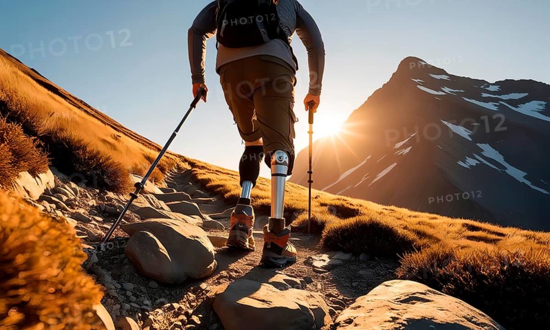A man with an amputated leg is hiking in the mountains with prostheses, symbolic image prosthetic leg, disabled, disease, healthcare, medicine, physical disability, handicap, mobility, medical technology, technical orthopaedics, AI generated, AI generated