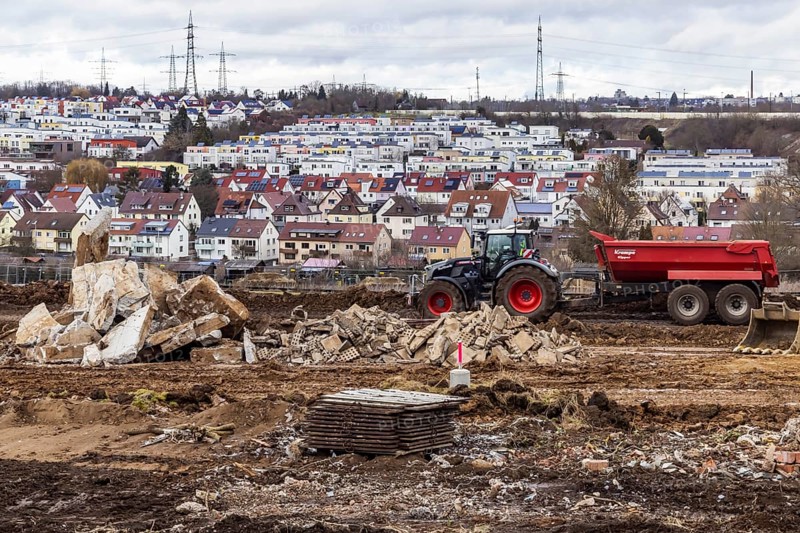 Construction work for a new development area for 460 flats in the new Böckinger Strasse neighbourhood in the Zuffenhausen-Rot district. Sealing of almost six hectares of farmland. Symbolic photo. The buildings are projects of the International Building Exhibition IBA27 in Stuttgart. Stuttgart, Baden-Württemberg, Germany, Europe