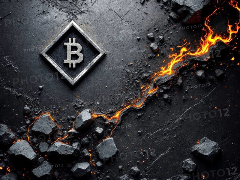 A stylized representation of cryptocurrency, showing its symbol etched into a dark, metallic surface, with glowing lava fissures suggesting volatility and risk, AI generated