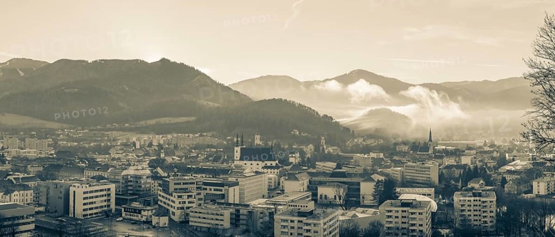 Morning atmosphere and morning fog over the Calvary, panoramic view, Leoben, Styria, Austria, Europe