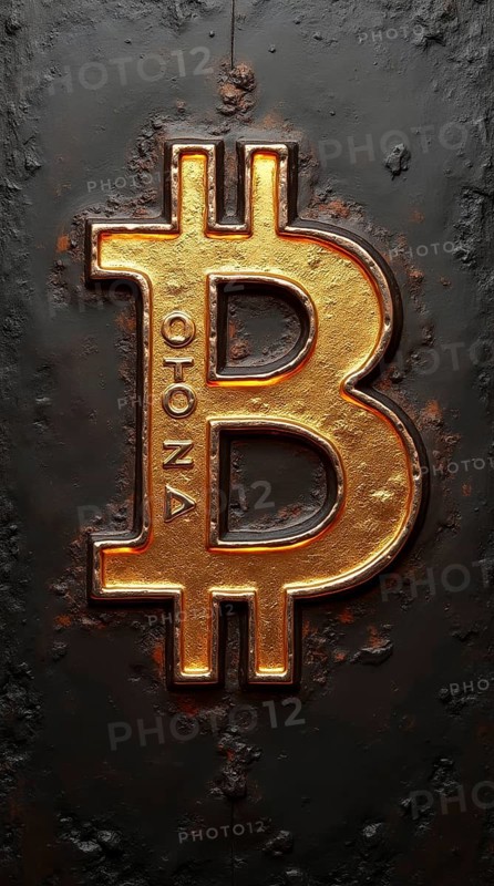 The image shows a three-dimensional gold Bitcoin symbol set against a dark, rough metallic background. The symbol is detailed and appears to be inlaid or embossed into the surface, creating a strong, AI generated
