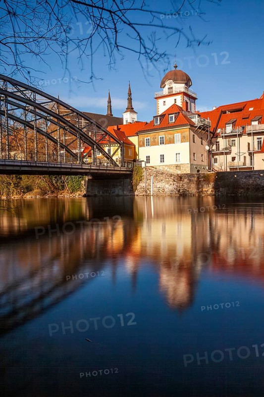 Waasenbrücke and Schwammerlturm, historic old town ensemble reflected in the river Mur, Leoben, Styria, Austria, Europe