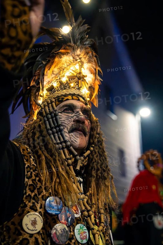Man in festive, feathery costume with illuminated hat and decorated buttons at night event, carnival, Tiefenbronn, Enzkreis, Germany, Europe