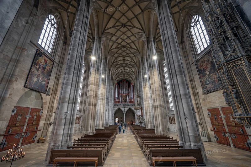 Interior with net vaulting and organ loft, organ built in 1997, late Gothic hall church of St George, Dinkelsbühl, Bavaria, Germany, Europe