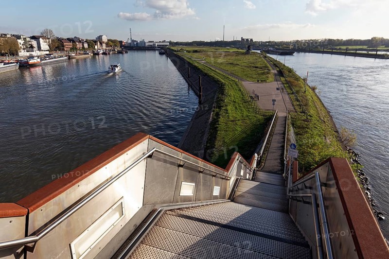 Haniel steps on the Friedrich Ebert Bridge, Rhine Bridge, access to Mercator Island, Ruhrort, Duisburg, North Rhine-Westphalia, Germany, Europe