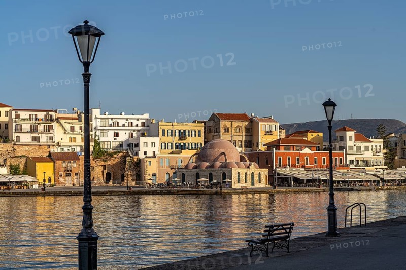 Old town with Hasan Pasha Mosque at the old Venetian harbour, Chania, Crete, Greece, Europe