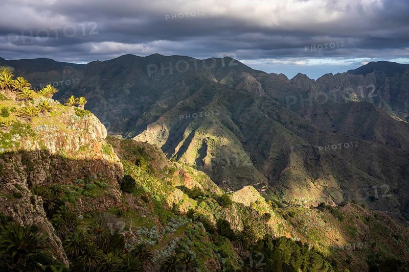 Mountain landscape. View from the Mirador Degollada de Peraza to the north into the Barranco de Las Lajas. Rocks with palm trees. La Gomera, Canary Islands, Spain, Europe
