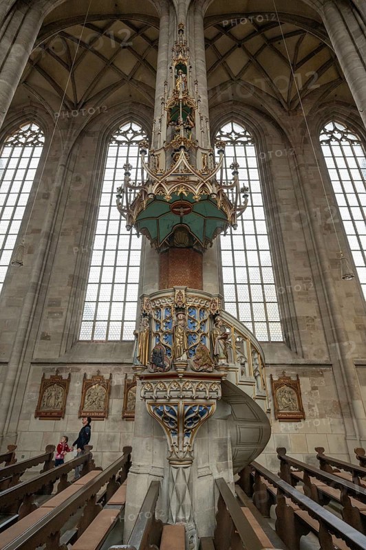 Pulpit with sandstone staircase in the late Gothic hall church of St George, Dinkelsbühl, Bavaria, Germany, Europe