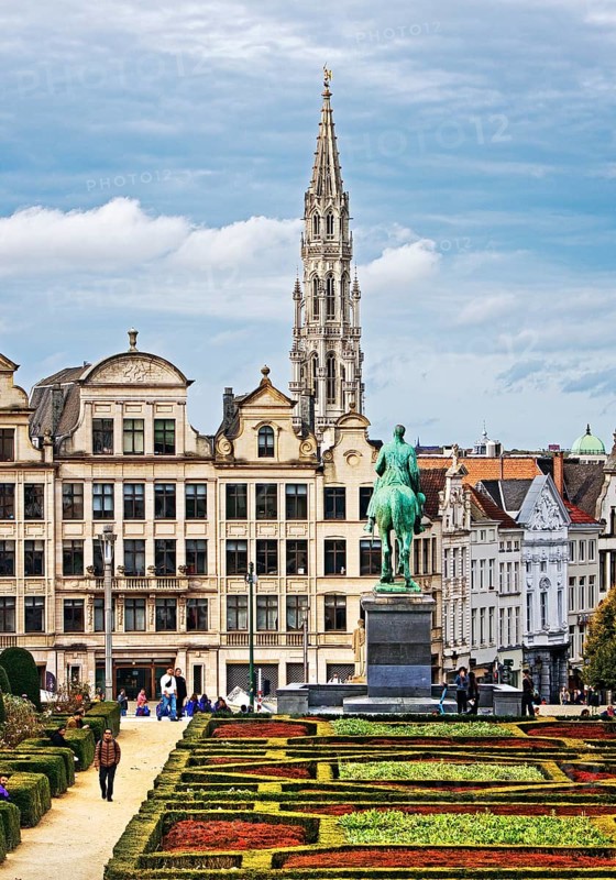 Mont des Arts, a popular, historic square with a view of the King Albert Monument and the Gothic town hall tower, Brussels, Belgium, Europe