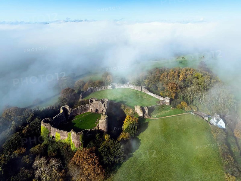 White Castle in the fog at dawn, Monmouthshire, Wales, England, United Kingdom, Europe