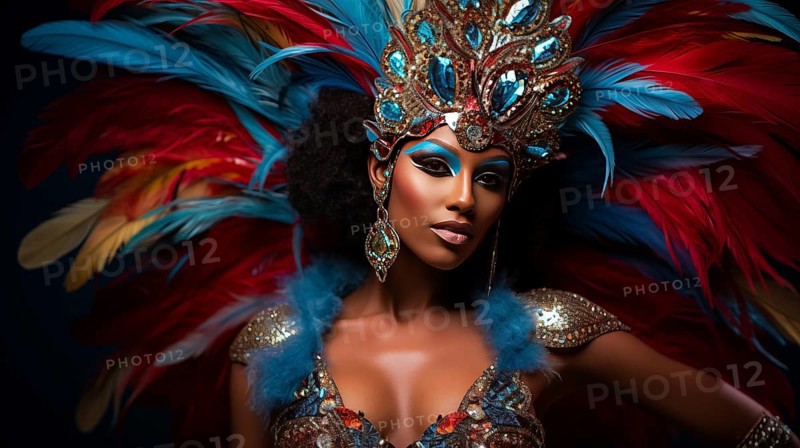 A dancer mascot adorned in a dazzling costume with feathers, immersed in the energetic atmosphere of the iconic Rio Carnival. The image captures the essence of celebration, color, and culture, AI generated