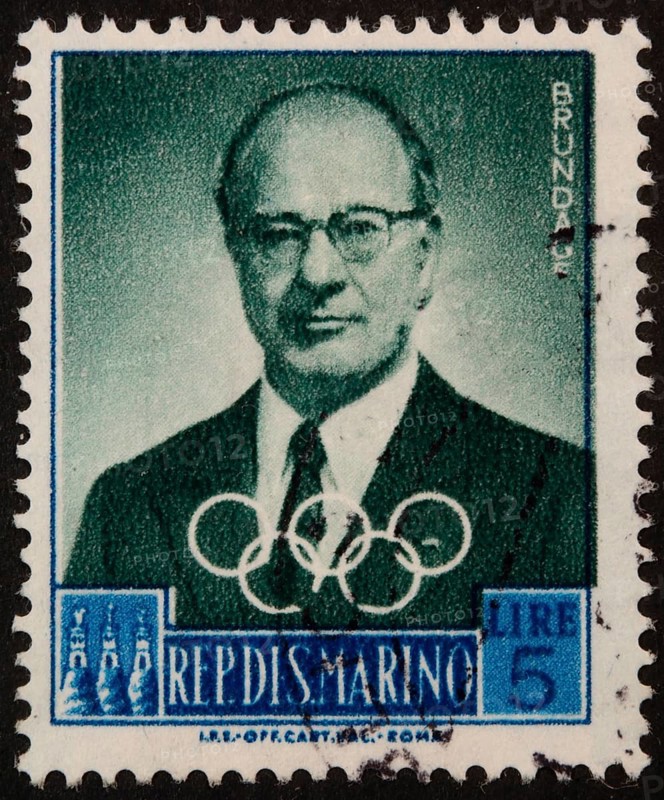 Avery Brundage, 1887-1975, the fifth President of the International Olympic Committee (IOC), serving from 1952 to 1972. Portrait on a San Marino stamp