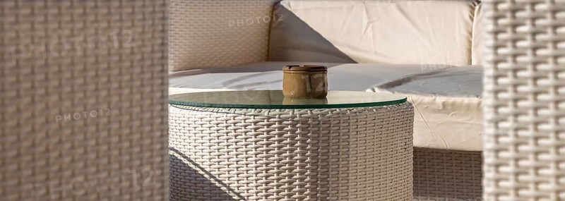 Detail photo, ashtray and wicker chairs on a terrace, Crete, Greece, Europe