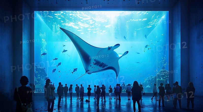 People enjoy marine underwater life in aquarium. Sharks whales Manta Rays and dolphins, AI generated