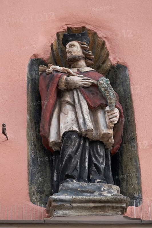 St Nepomuk on a residential building, Dinkelsbühl, Bavaria, Germany, Europe