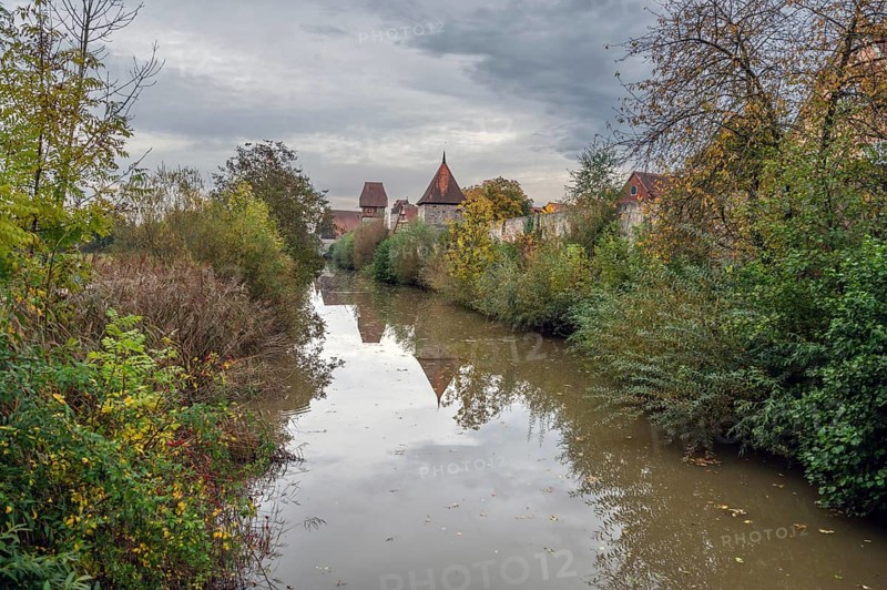 Towers of the medieval defence wall around 1200, in front the Wörnitz, Dinkelsbühl, Bavaria, Germany, Europe