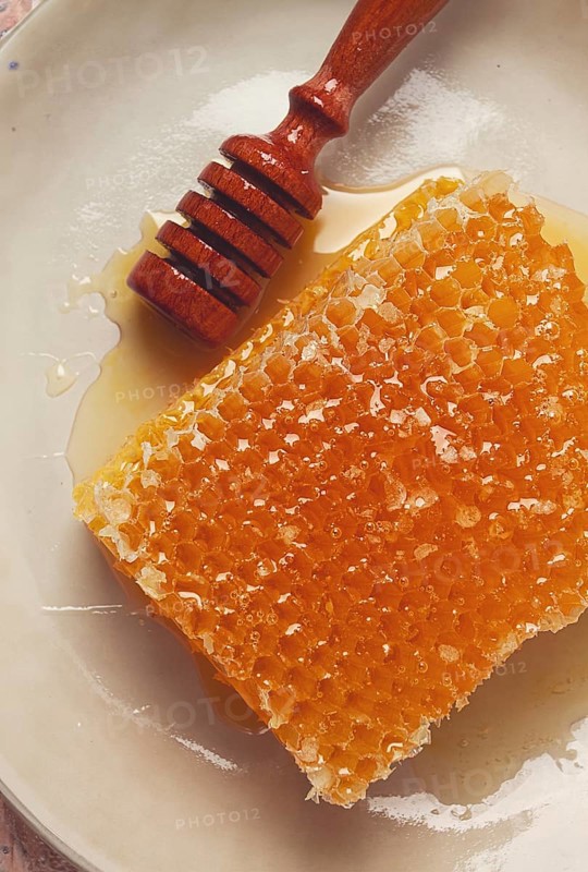 Honeycomb, with a wooden spoon-spindle, on a plate, no people